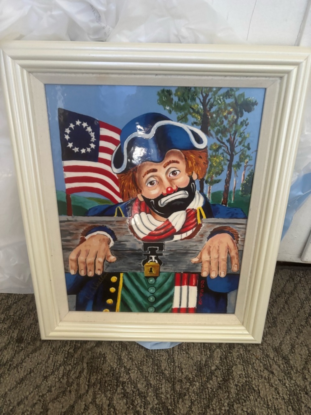 Red Skelton Patriotic Clown Stockade Framed Artwork - Red, White & Blue ceramic